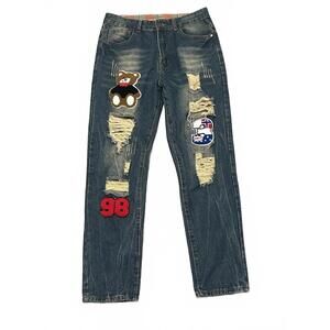 Y2K UK Bear Embroidered Slim-Fit Denim Jeans